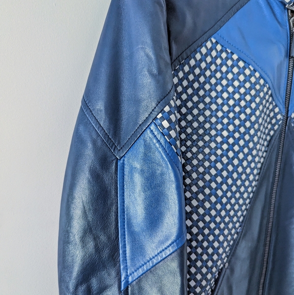 Barnabe Hardy Blue Patchwork Origami CrossWeave Biker Leather Jacket France 48 M - Picture 7 of 14